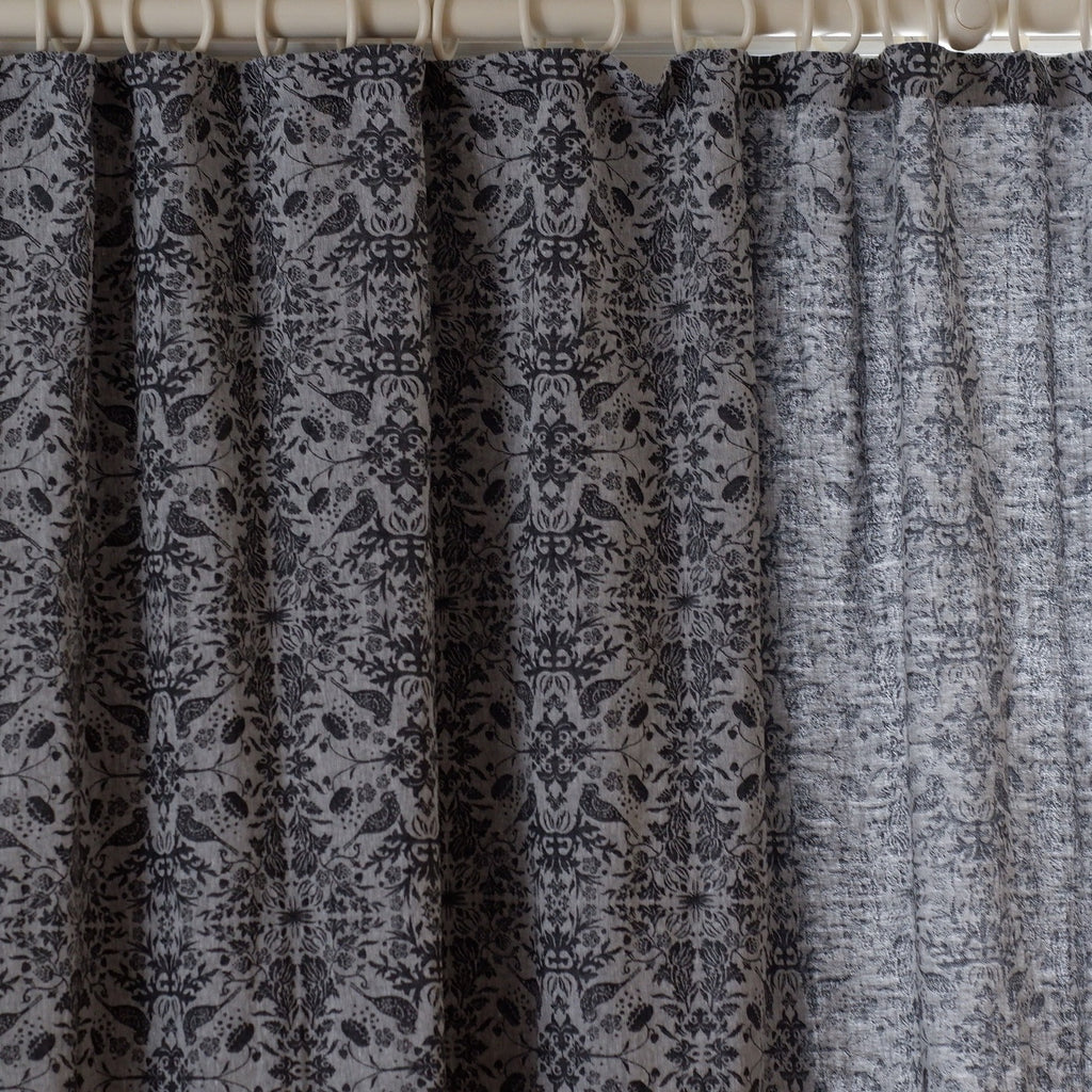 Linen Curtain with bird pattern (width 233 cm, black)